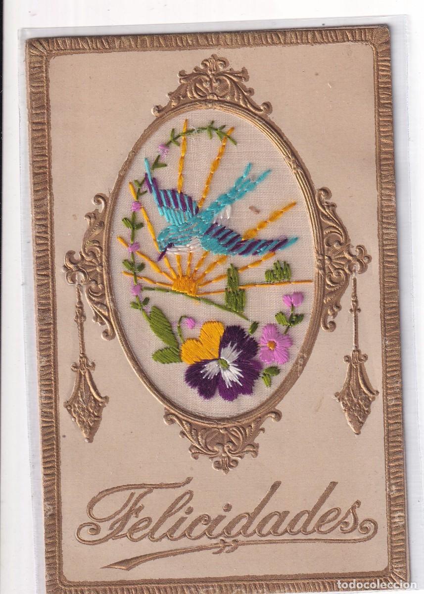 Postales: Postal felicitaci&oacute;n bordada. P&aacute;jaro y flores. Escrita en 1921. Sin circular.