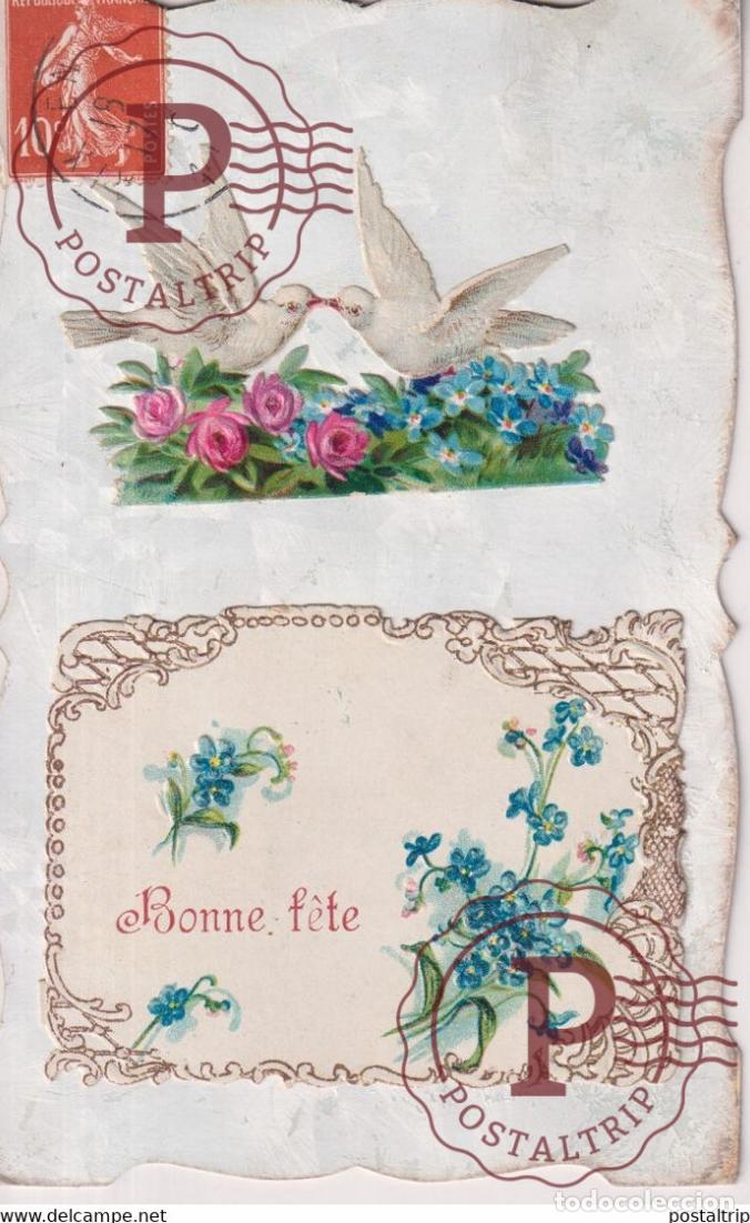 Postales: Bonne F&ecirc;te Pigeons Fleurs Flowers Flores Republique Fran&ccedil;aise TROQUELADO DIE CUTTING D&Eacute;COUPE FANTAS