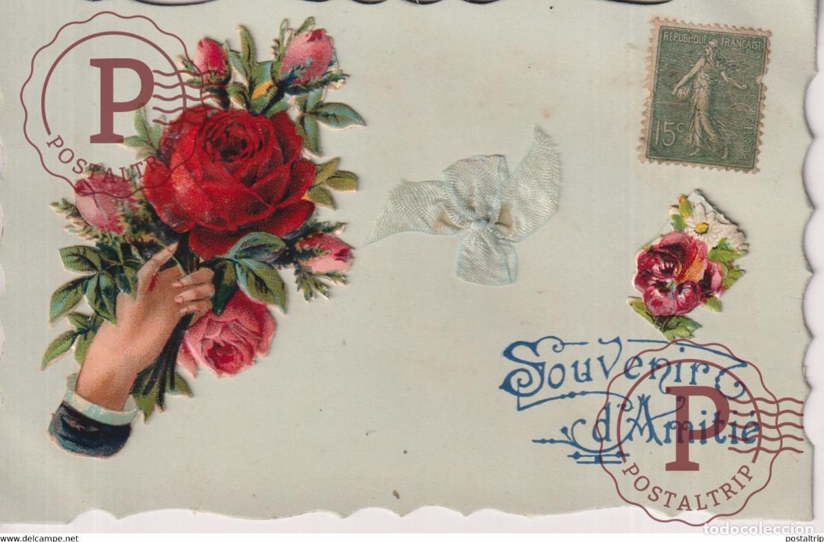 Postales: Souvenir d Amiti&eacute; Main et Rose Fleurs Republique Fran&ccedil;aise TROQUELADO DIE CUTTING D&Eacute;COUPE FANTAS&Iacute;