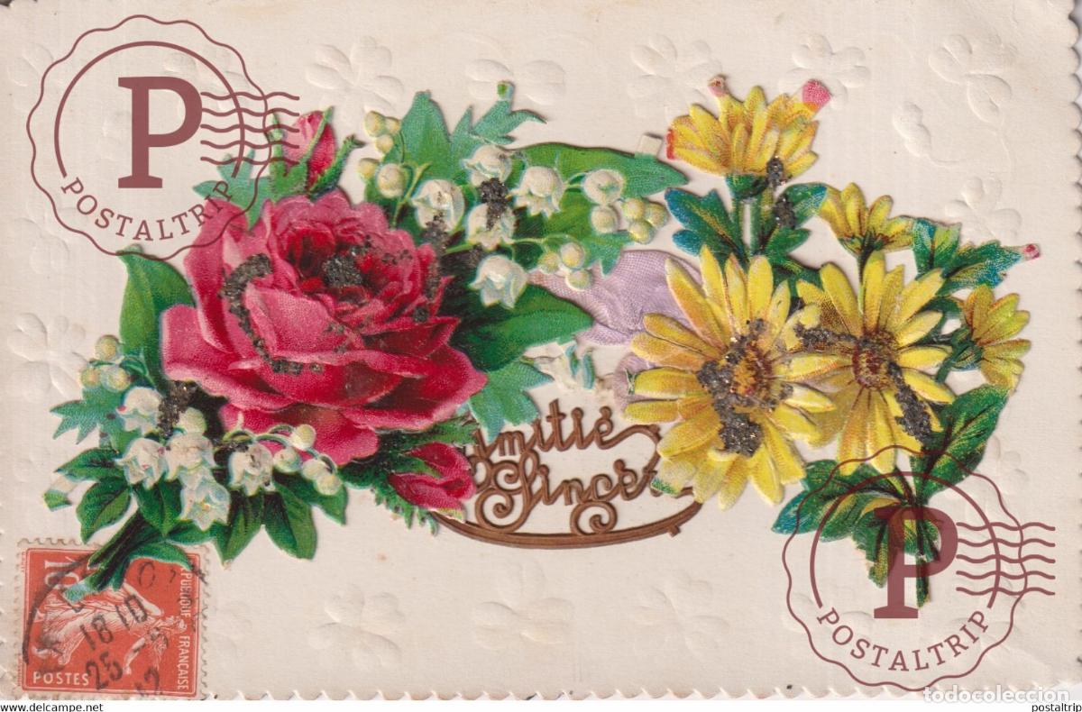 Postales: Amiti&eacute; Sincere Roses Marguerites Fleurs Republique Fran&ccedil;aise TROQUELADO DIE CUTTING D&Eacute;COUPE FANTAS
