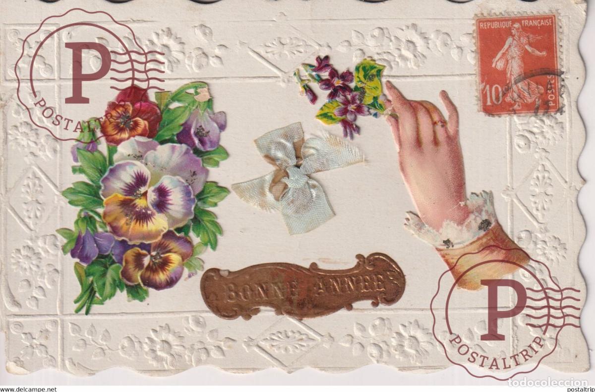 Postales: Bonne Annee Main et Fleurs Flowers Republique Fran&ccedil;aise TROQUELADO DIE CUTTING D&Eacute;COUPE FANTAS&Iacute;A FAN