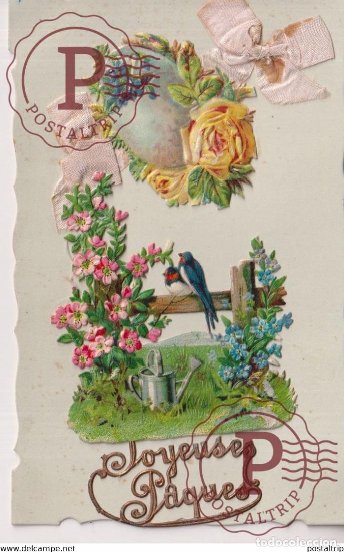 Postales: Joyeuses Paques Jardin Garden Fleurs Flowers TROQUELADO DIE CUTTING D&Eacute;COUPE FANTAS&Iacute;A FANTAISIE FAN