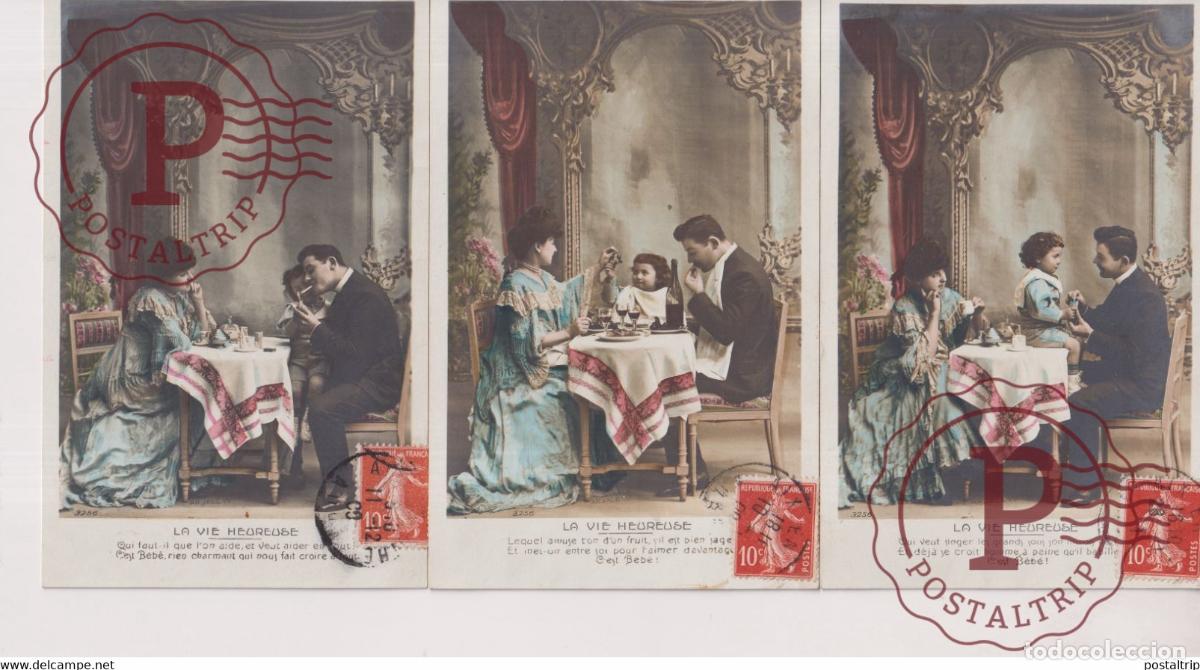 Postales: LOT LOTE S&Eacute;RIE 3 CARTES POSTALES La vie Heureuse Sc&egrave;ne de Famille Family Homme Femme et Fils by Arja