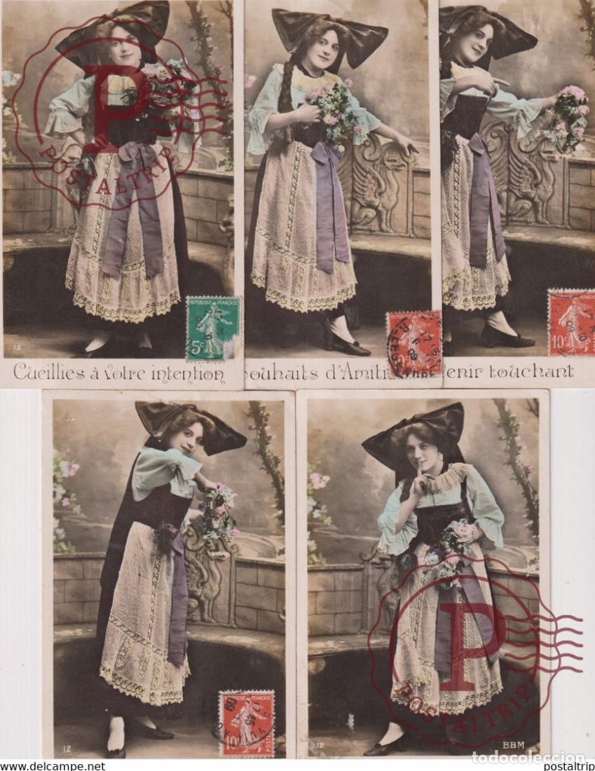 Postales: LOT S&Eacute;RIE 5 CARTES POSTALES Cueillies a Votre intention Souhaits dAmiti&eacute; Souvenir touchant Pens&eacute;es