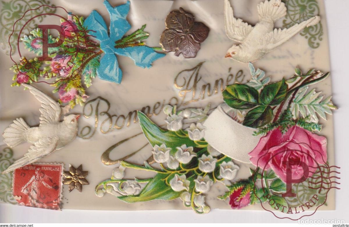 Postales: Bonne Ann&eacute;e Pigeons Rose Fleurs Republique Fran&ccedil;aise PORCELAINE PORSELEIN PORCELAIN POSTCARD FANTAI