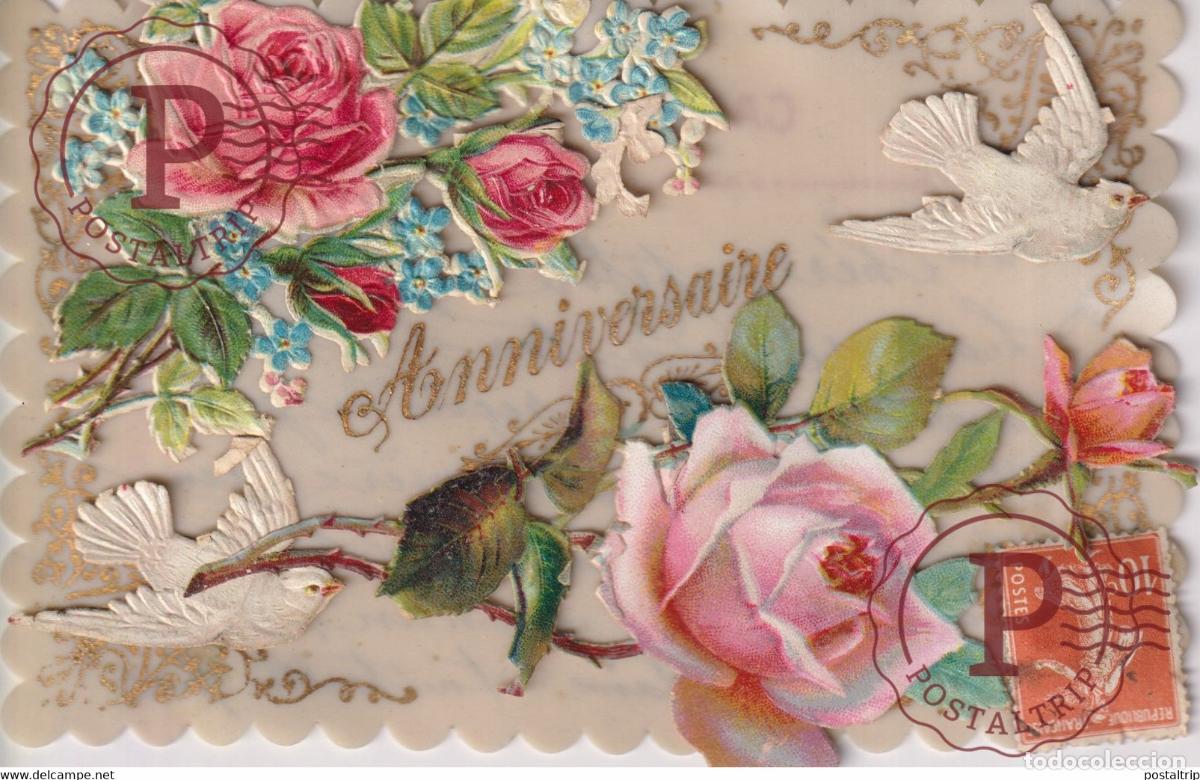 Postales: Anniversaire Roses Pigeons carte Mobile et Anim&eacute; R. Fran&ccedil;aise PORCELAINE PORSELEIN PORCELAIN POSTCA