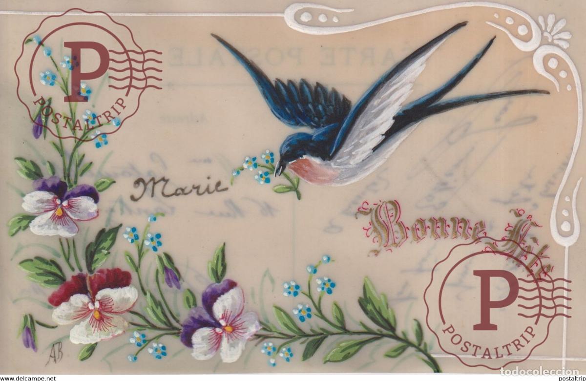 Postales: Bonne f&ecirc;tes Hirondelle Fleurs Carte d&eacute;corative PORCELAINE PORSELEIN PORCELAIN POSTCARD FANTAISIE FAN
