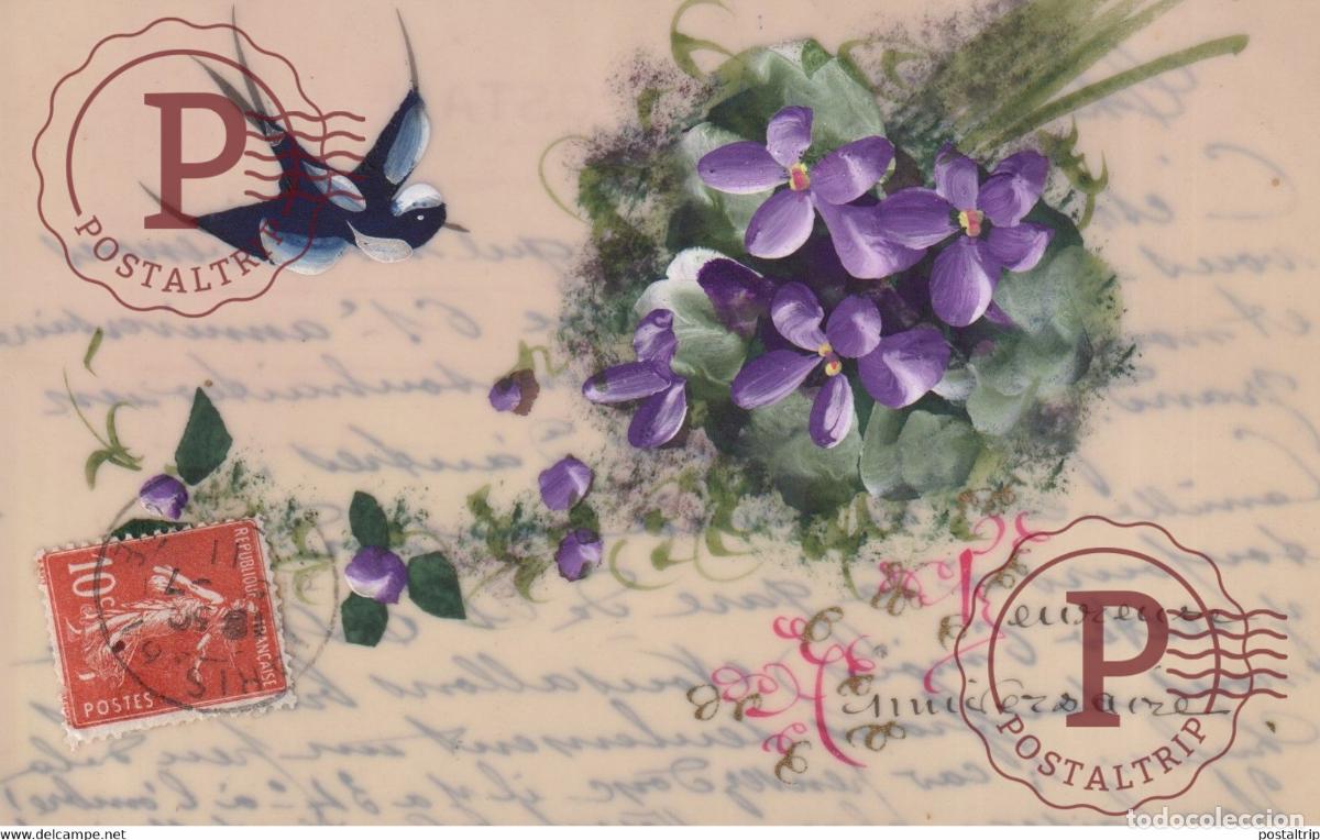 Postales: Heureuse Anniversaire Fleurs et Hirondelle Carte d&eacute;corative PORCELAINE PORSELEIN PORCELAIN POSTCARD