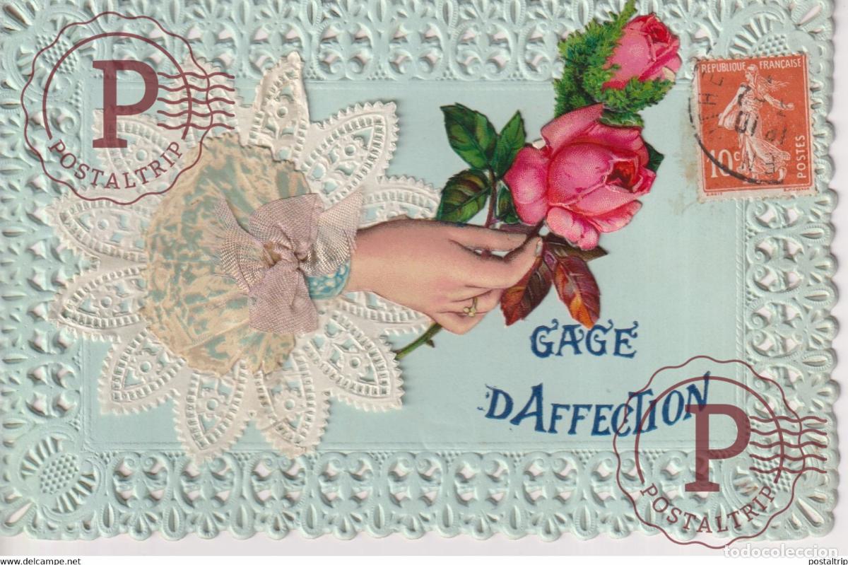 Postales: Gage d Affection Fleurs Rose TROQUELADO DIE CUTTING D&Eacute;COUPE FANTAS&Iacute;A FANTAISIE FANTASY