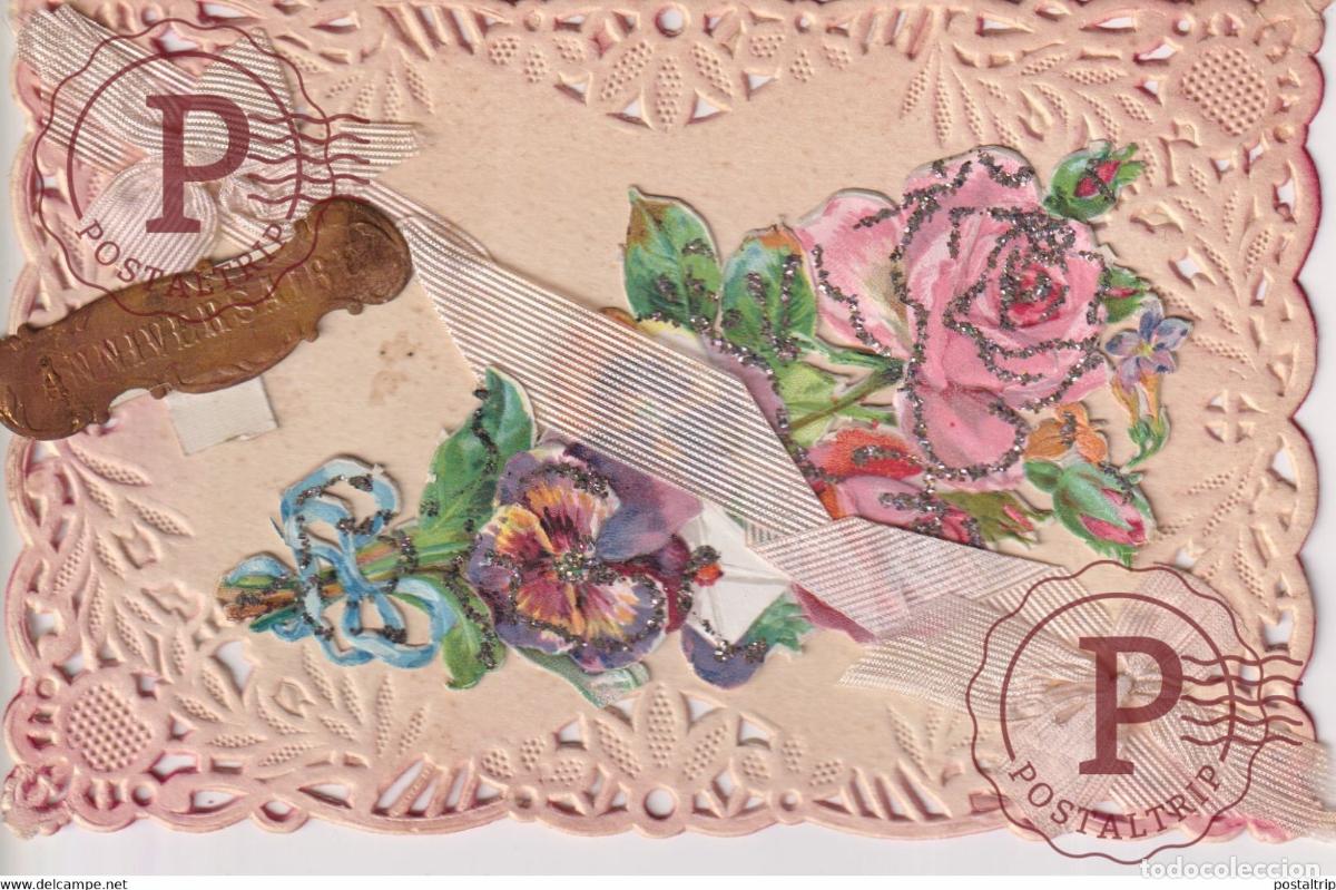 Postales: Anniversaire Fleurs Roses TROQUELADO DIE CUTTING D&Eacute;COUPE FANTAS&Iacute;A FANTAISIE FANTASY