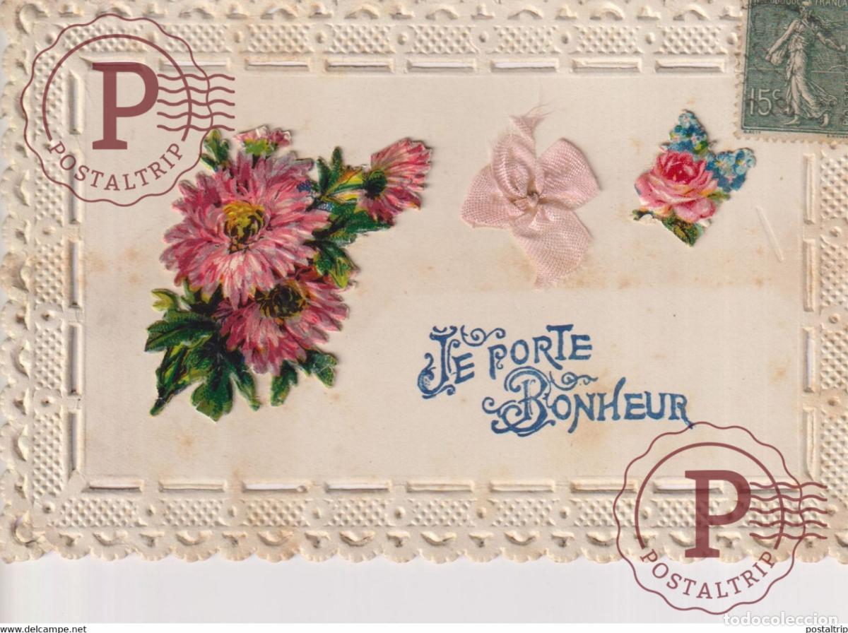 Postales: Je porte Bonheur Fleurs Flowers TROQUELADO DIE CUTTING D&Eacute;COUPE FANTAS&Iacute;A FANTAISIE FANTASY