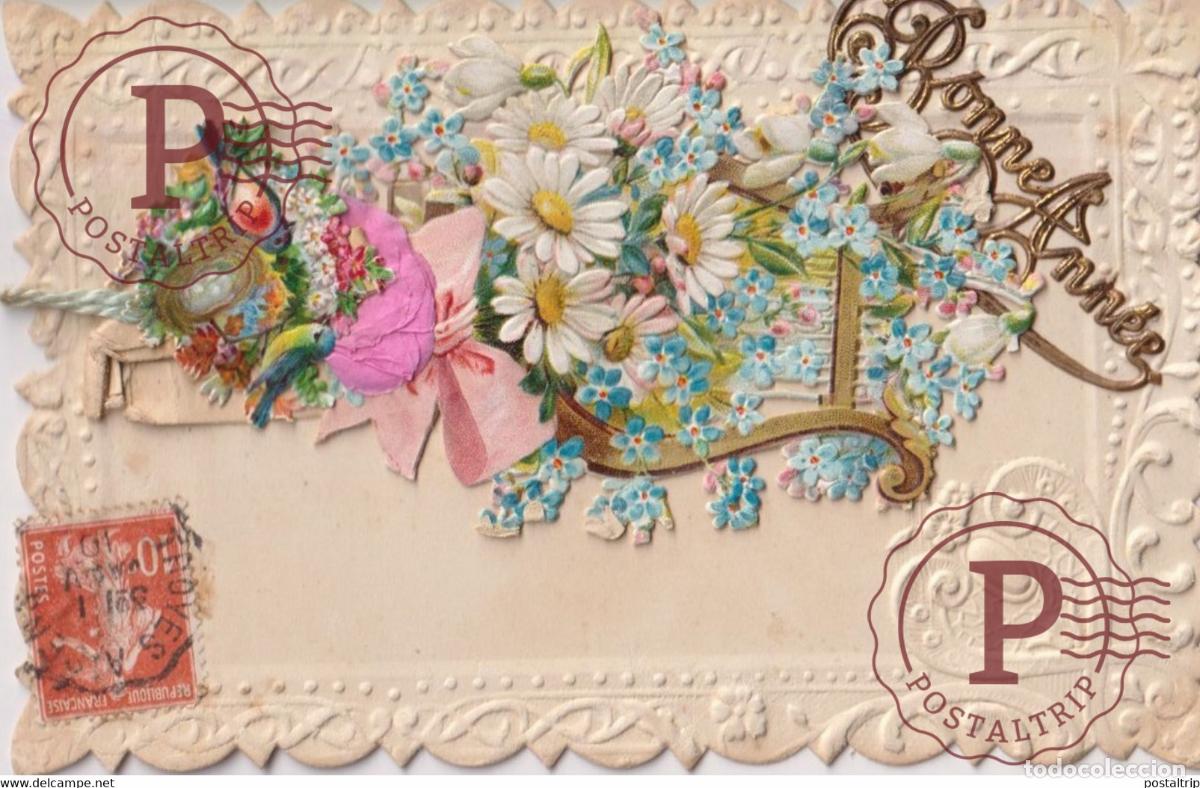 Postales: Bonne Ann&eacute;e Harpe Hirondelle Fleurs Flowers TROQUELADO DIE CUTTING D&Eacute;COUPE FANTAS&Iacute;A FANTAISIE FANT