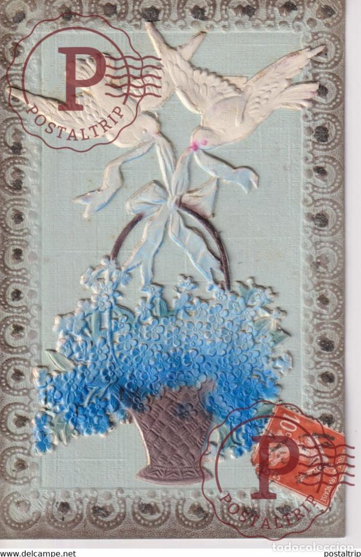 Postales: Panier en osier avec bouquet de fleurs Pigeons Flowers TROQUELADO DIE CUTTING D&Eacute;COUPE FANTAS&Iacute;A FANT