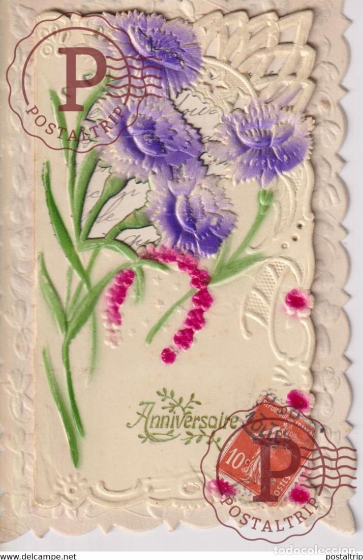 Postales: Anniversaire Fleurs Flowers TROQUELADO DIE CUTTING D&Eacute;COUPE FANTAS&Iacute;A FANTAISIE FANTASY