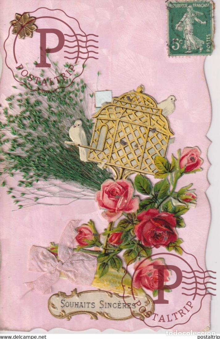 Postales: Souhaits Sinc&egrave;res Roses Fleurs Flowers TROQUELADO DIE CUTTING D&Eacute;COUPE FANTAS&Iacute;A FANTAISIE FANTASY