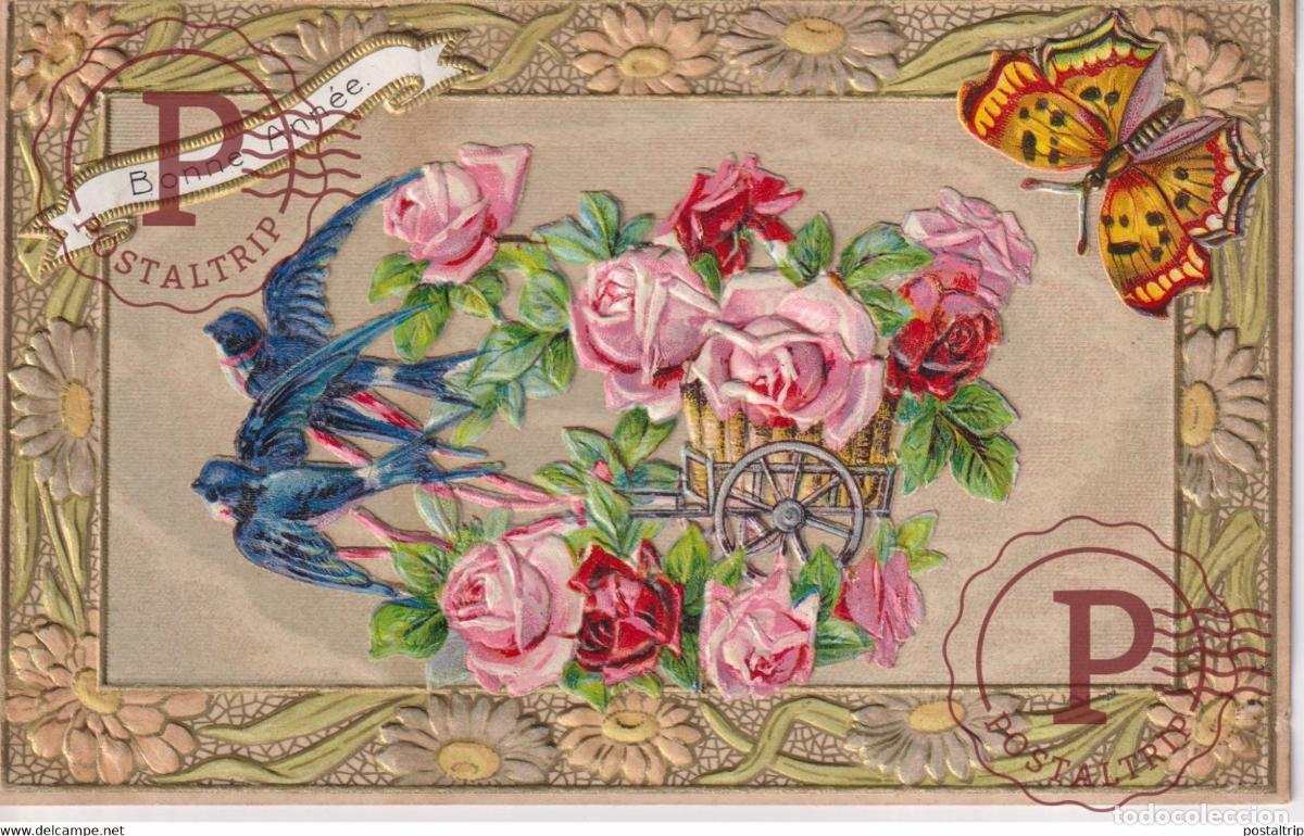 Postales: Bonne Ann&eacute;e Roses Fleurs Flowers TROQUELADO DIE CUTTING D&Eacute;COUPE FANTAS&Iacute;A FANTAISIE FANTASY