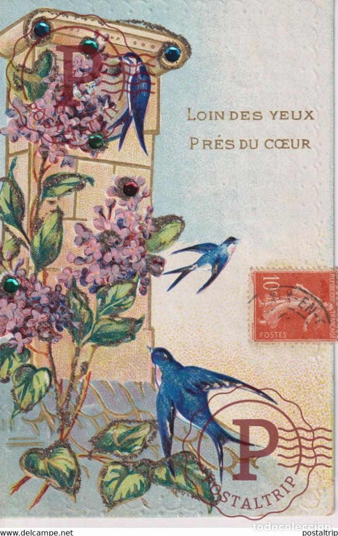 Postales: Loin des Yeux Pr&eacute;s du coeur Brillant Purpurine Hirondelle Fleurs Flowers EN RELIEF EN RELIEVE FANTAS