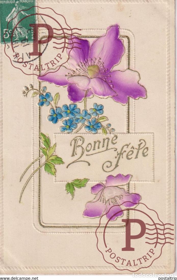 Postales: Bonne F&ecirc;te Purpurine Brillant Fleurs Flowers EN RELIEF EN RELIEVE FANTAS&Iacute;A FANTAISIE FANTASY