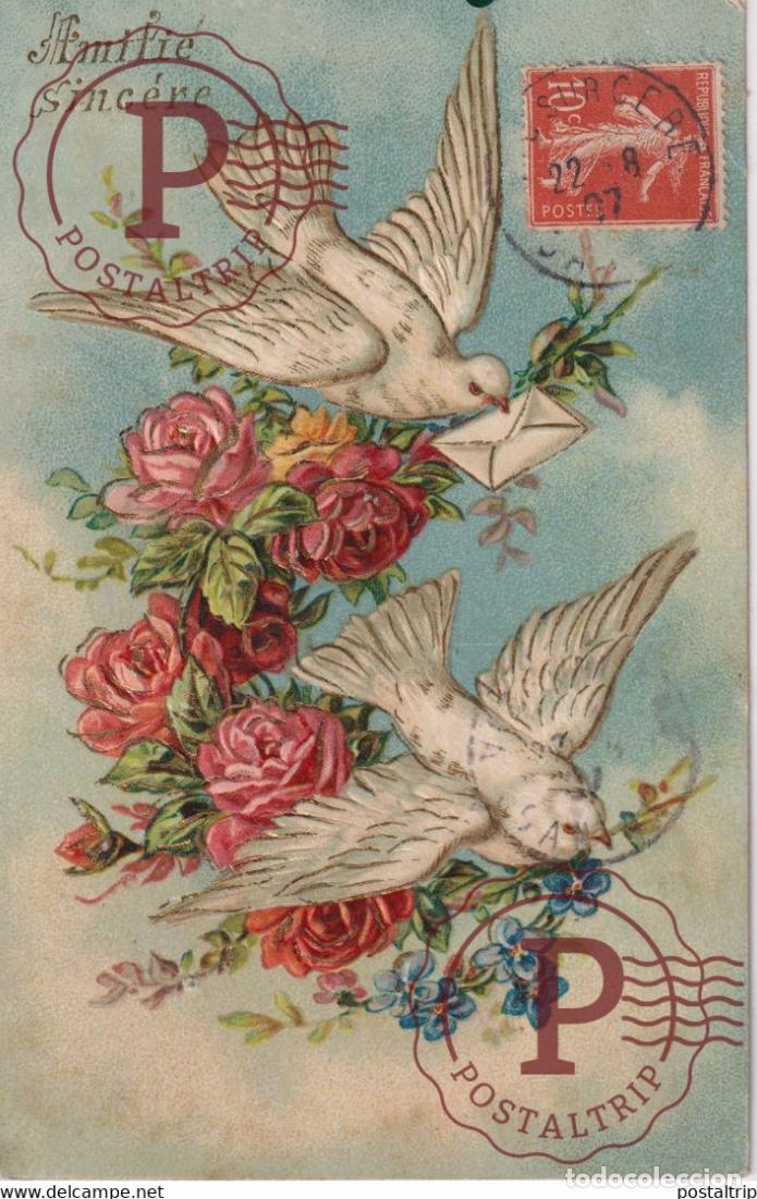 Postales: Amiti&eacute; sinc&eacute;re Colombe blanche Roses Brillant Fleurs Flowers EN RELIEF EN RELIEVE FANTAS&Iacute;A FANTAISI
