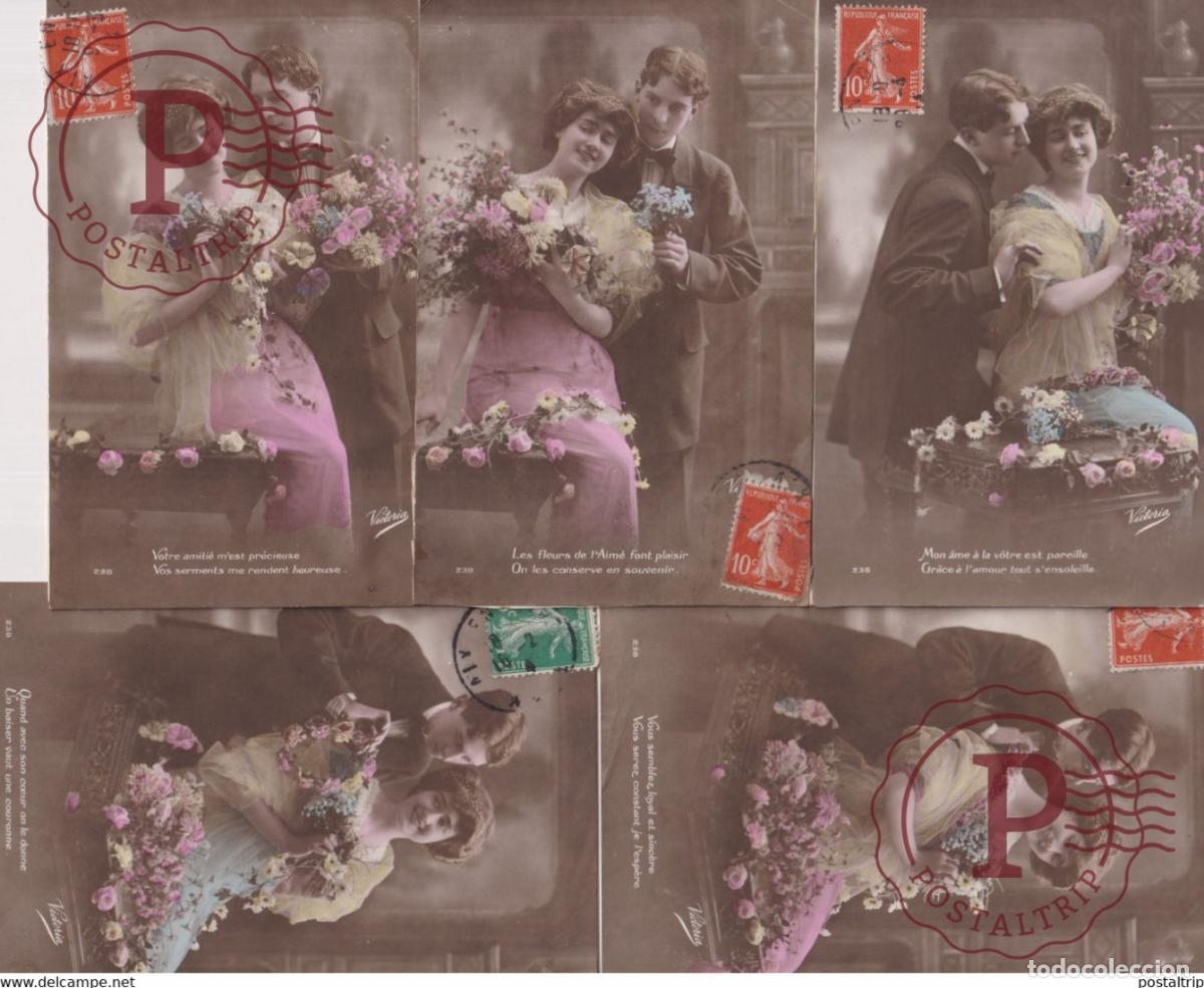Postales: LOT S&Eacute;RIE 5 CARTES POSTALES Les fleurs de lAim&eacute; font plaisir Mon &acirc;me a la v&ocirc;tre est pareille Couple
