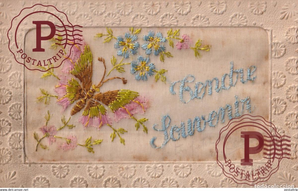 Postales: TENDRE SOUVENIR 1918 FLEURS PAPILLON, POSTALE BROD&Eacute;E TROQUELADO DIE CUTTING D&Eacute;COUPE FANTAS&Iacute;A FANTAIS