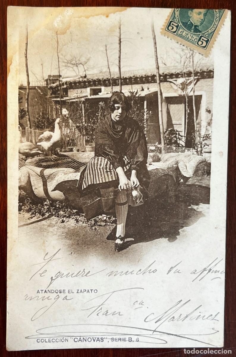 Postales: Postal Coleccion Canovas serie b, n. 6, Atandose el zapato, circulada 1902, reverso sin dividir.