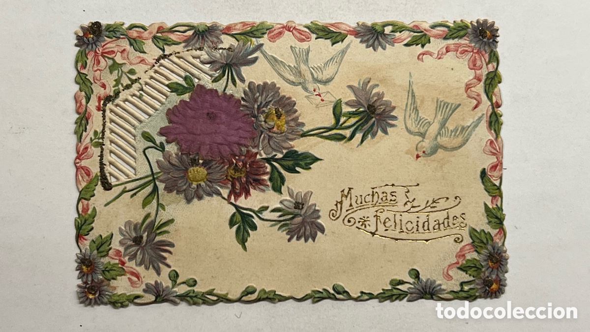 Postales: MUCHAS FELICIDADES.. Hermosa postal Troquelada antigua (h.1900?) Med&iacute;das: 12 x 8 cm