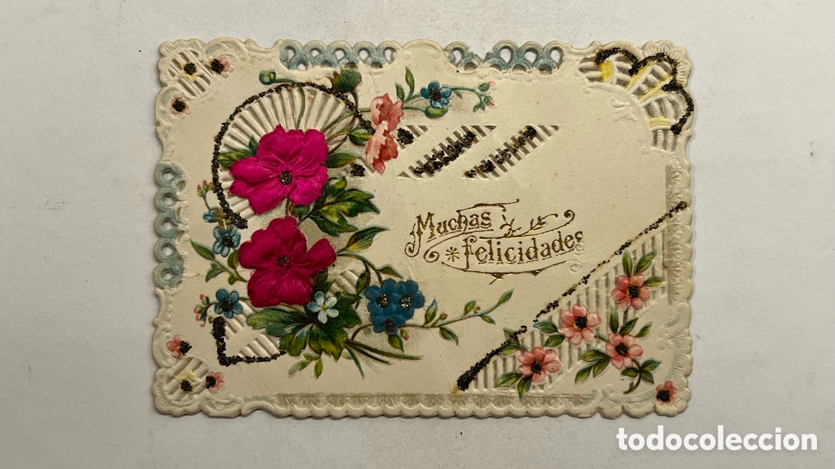 Postales: MUCHAS FELICIDADES.. Hermosa postal bordada Troquelada antigua (h.1900?) Med&iacute;das: 11,5 x 8 cm