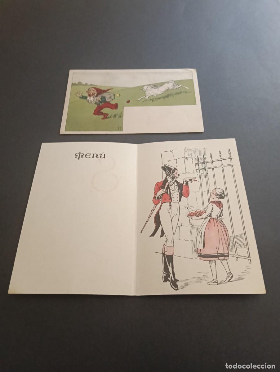 Postales: Lote de 2 piezas antiguas de papel: Tarjeta postal duende/gnomo y men&uacute; antiguo desplegable