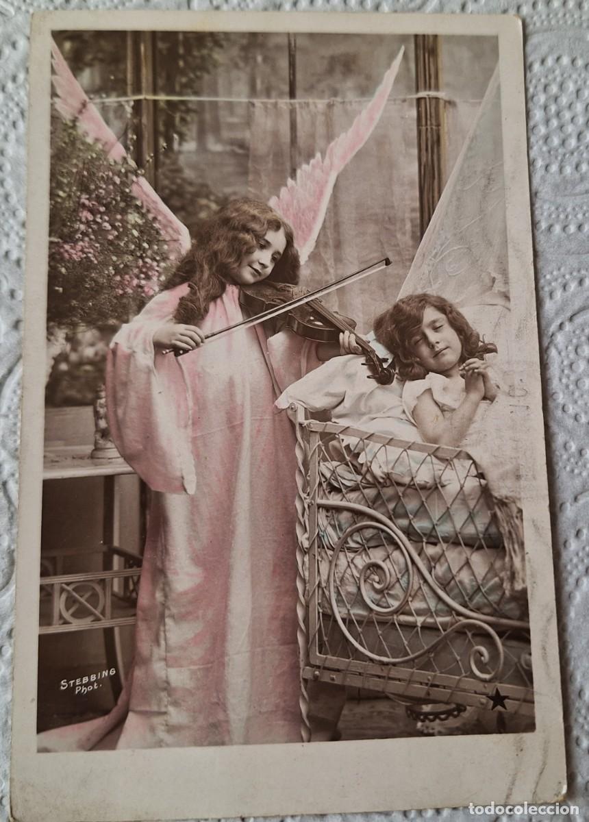 Postales: POSTAL FRANCESA MUY ANTIGUA MANUSCRITA EN 1913 - ANGEL CON VIOLIN Y NI&Ntilde;A