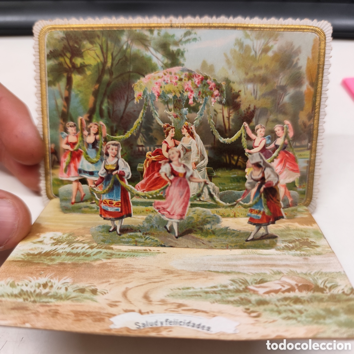 Postales: FELICITACI&Oacute;N MODERNISTA - TROQUELADA CON ESCENA PLEGABLE - C. 1800 - RAR&Iacute;SIMA - PERFECTA / 804
