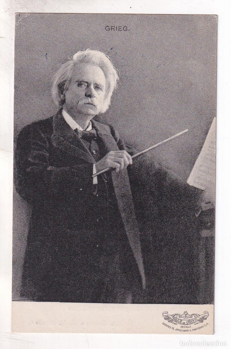 Postales: POSTAL. EDVARD GRIEG. M&Uacute;SICO. AL DORSO PROGRAMA DE CONCIERTO EN PASAJE DE ORIENTE, DE SEVILLA. 1908