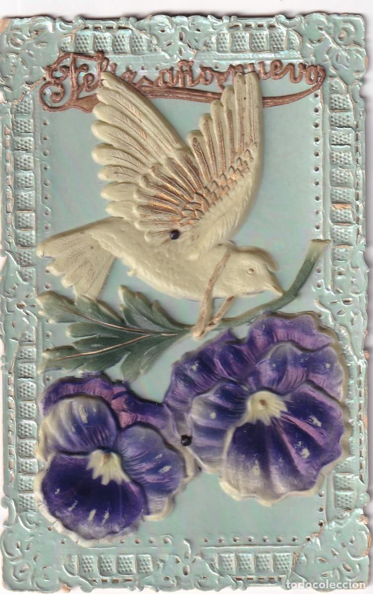 Postkarten: Bonita postal en relieve, Paloma y flores. Escrita en 1914. Felicitaci&oacute;n. Felicidades