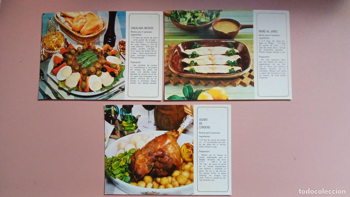 Cartoline: POSTALES PLATOS T&Iacute;PICOS ENSALADA NICOISE, MERO AL JEREZ, ASADO DE CORDERO
