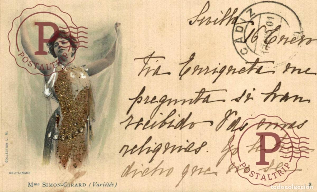Postales: Actriz Simon-Girard Vari&eacute;t&eacute;s. Foto Reutlinger. Vestido con purpurina dorada. Sevilla a C&aacute;diz
