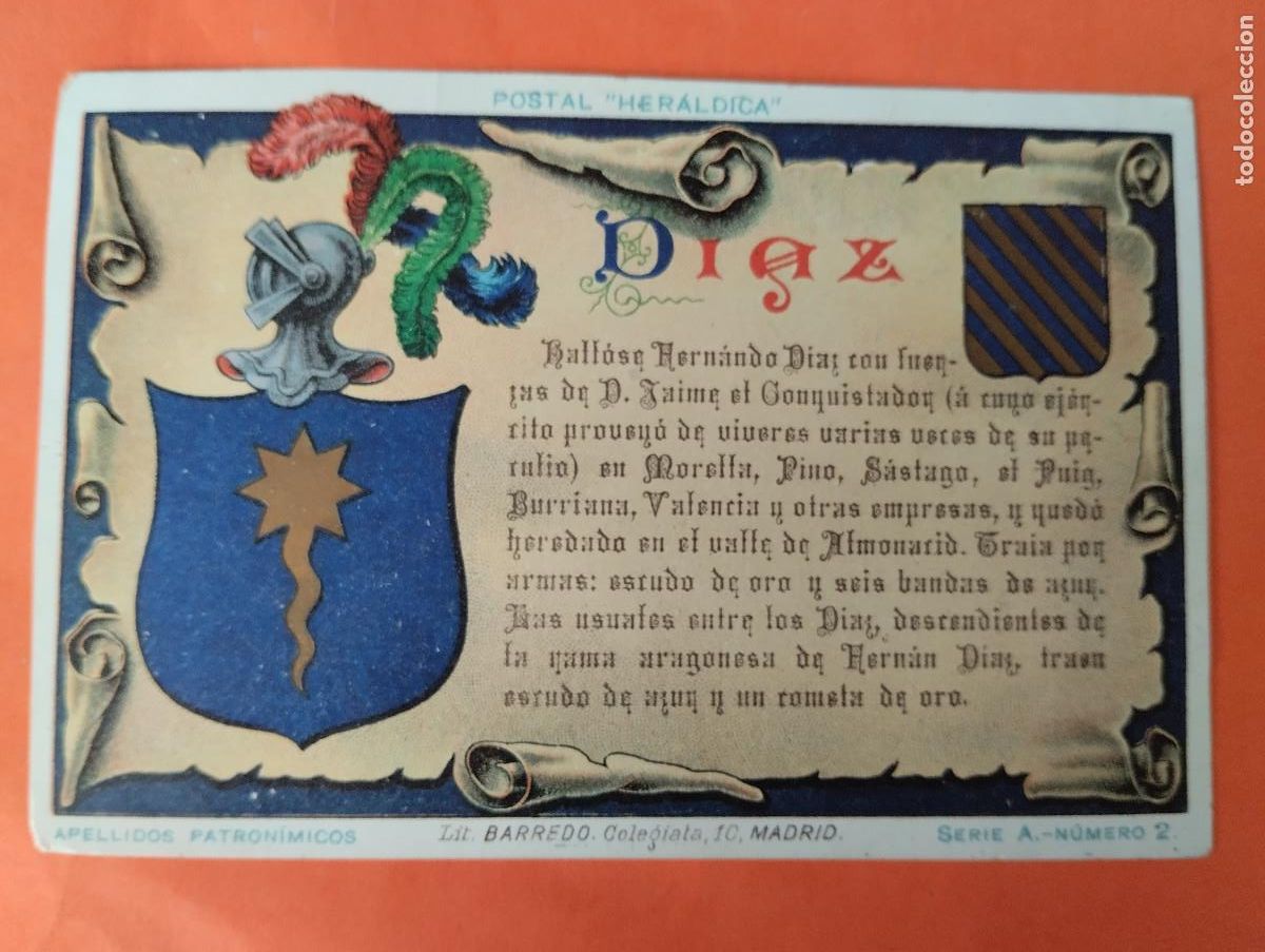 Postales: ANTIGUA POSTAL HERALDICA - APELLIDOS PATRONIMICOS - DIAZ - LITOGRAFIA BARREDO