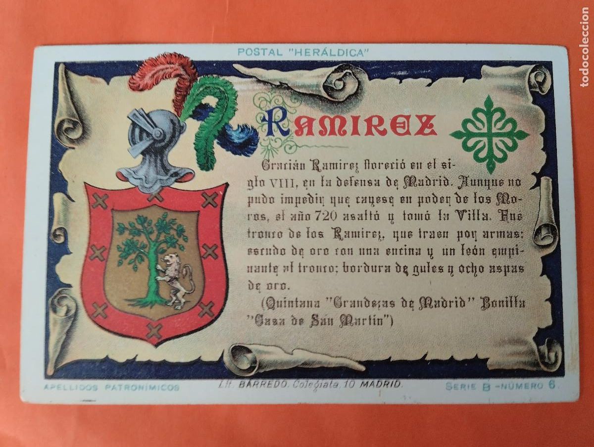 Postales: ANTIGUA POSTAL HERALDICA - APELLIDOS PATRONIMICOS - RAMIREZ - LITOGRAFIA BARREDO