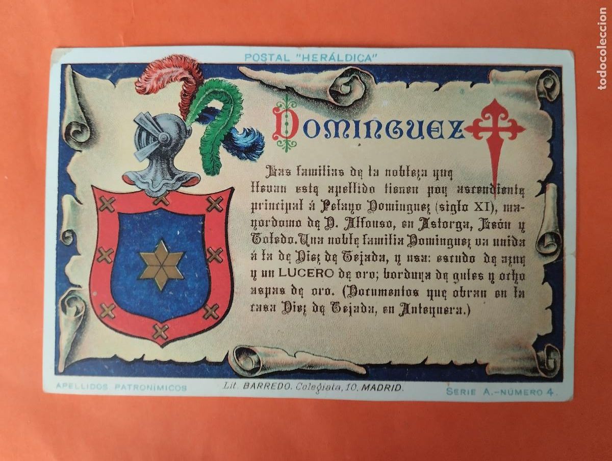 Postales: ANTIGUA POSTAL HERALDICA - APELLIDOS PATRONIMICOS - DOMINGUEZ - LITOGRAFIA BARREDO