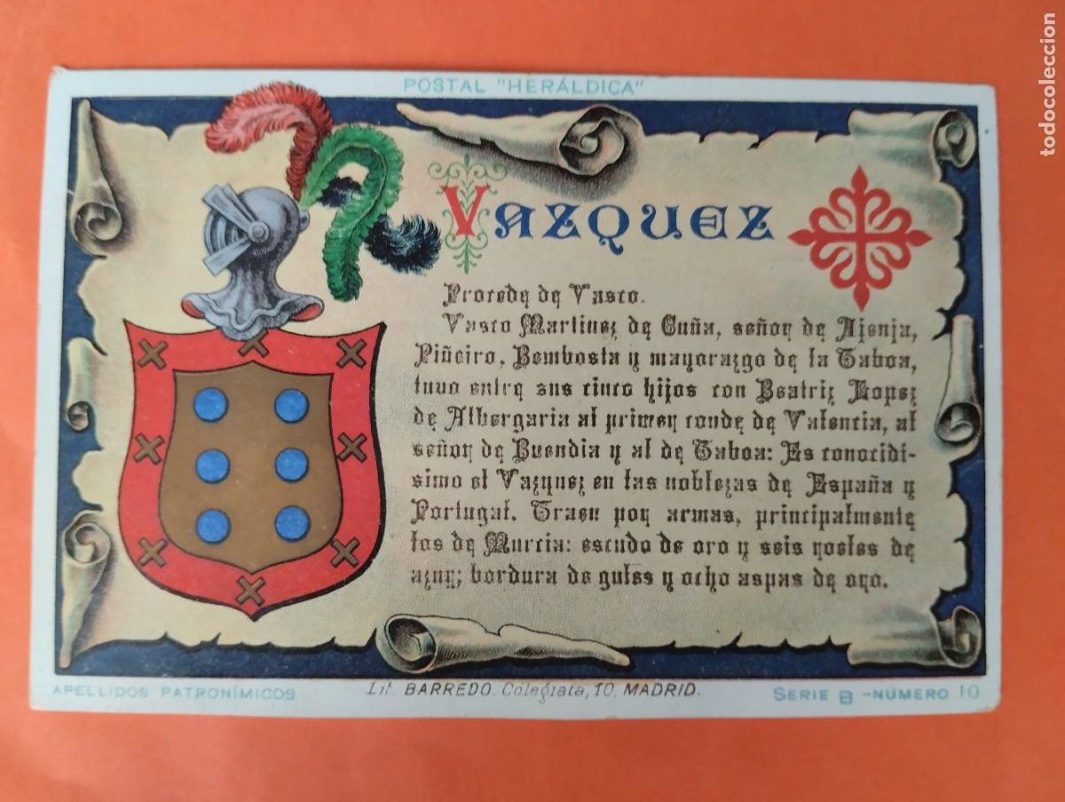 Postales: ANTIGUA POSTAL HERALDICA - APELLIDOS PATRONIMICOS - VAZQUEZ - LITOGRAFIA BARREDO