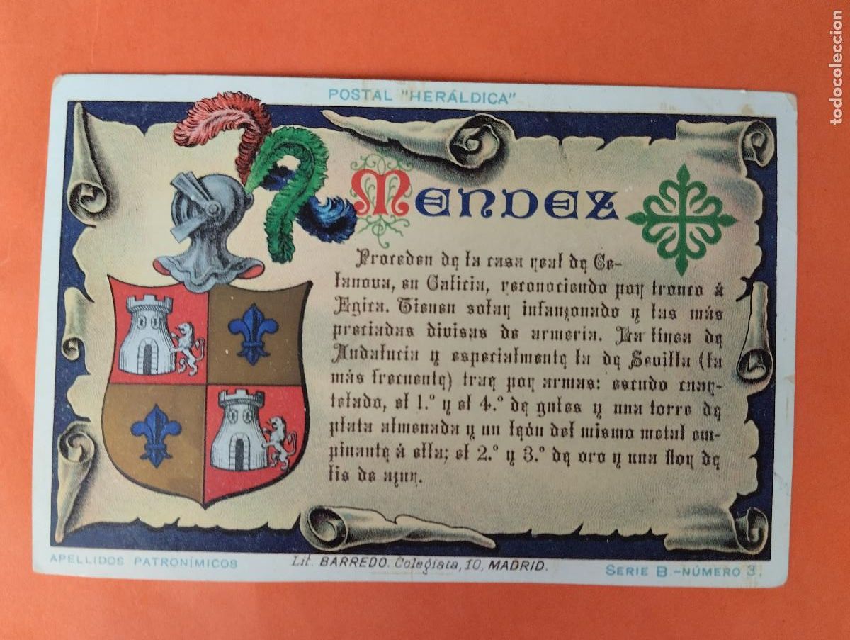 Postales: ANTIGUA POSTAL HERALDICA - APELLIDOS PATRONIMICOS - MENDEZ - LITOGRAFIA BARREDO