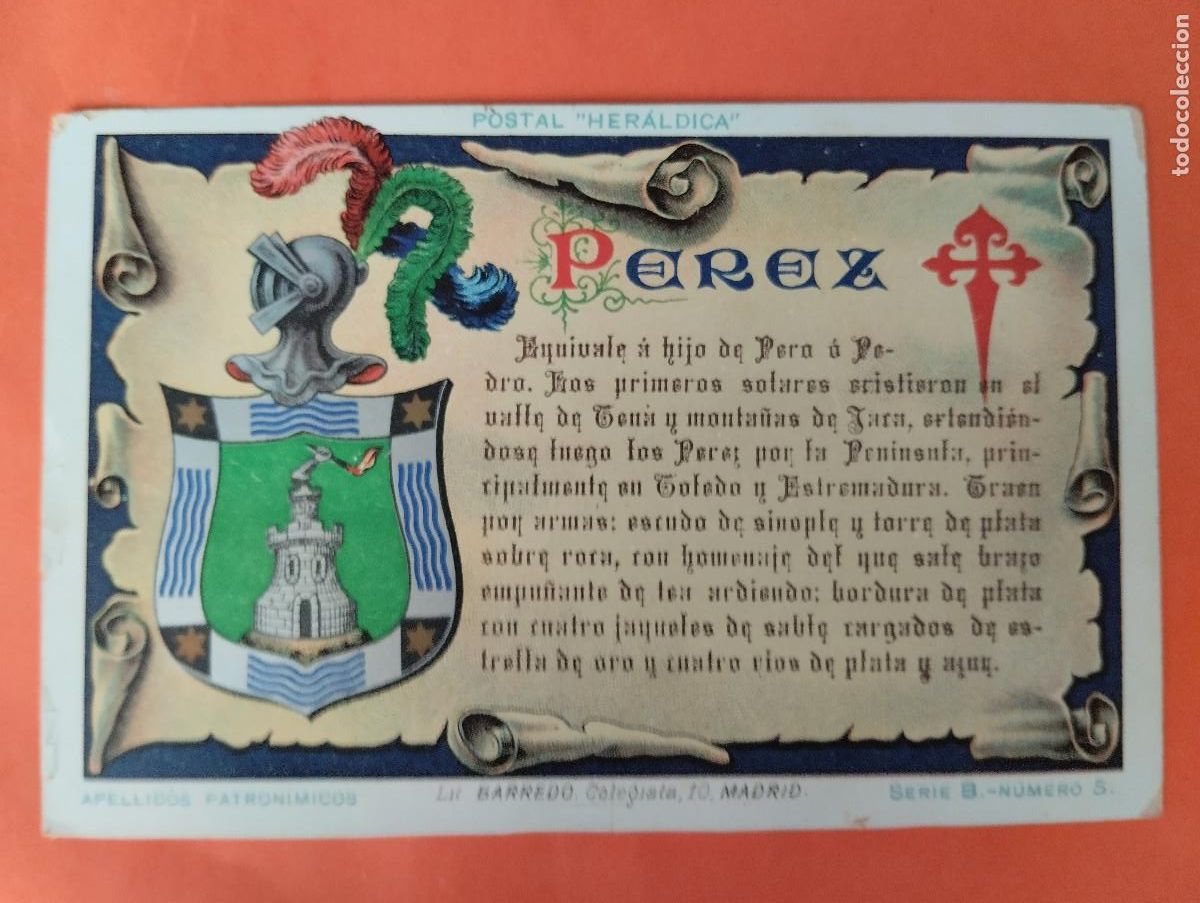 Postales: ANTIGUA POSTAL HERALDICA - APELLIDOS PATRONIMICOS - PEREZ - LITOGRAFIA BARREDO