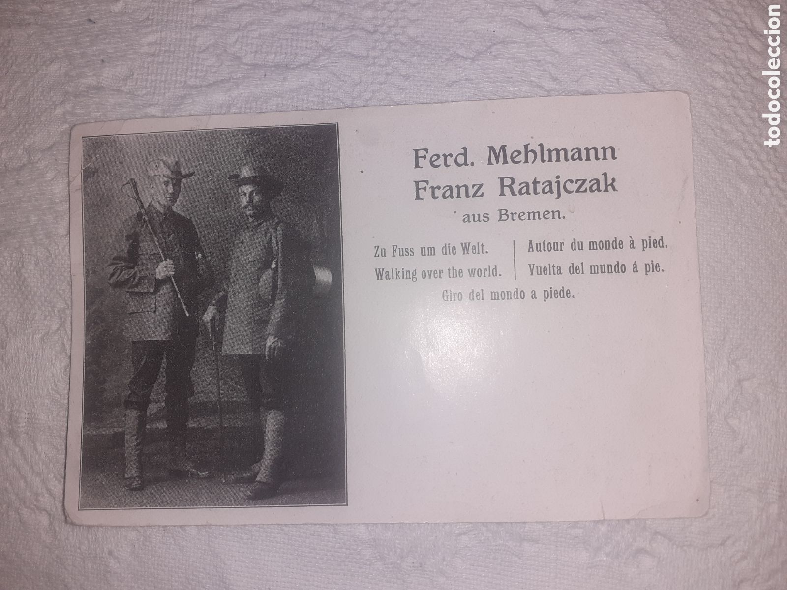 Postales: POSTAL ANTIGUA. CAMINANTES FERD MEHLMANN Y FRANZ RATAJCCZAK. VUELTA AL MUNDO A PIE. ORIGINAL SIN USO