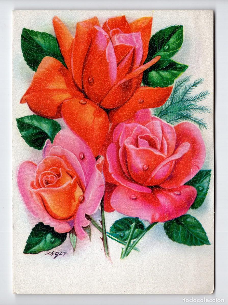 Postales: Postal desplegable. Bonitas rosas troqueladas en 3D. Ilustra Zsolt -Subirats, 1968-