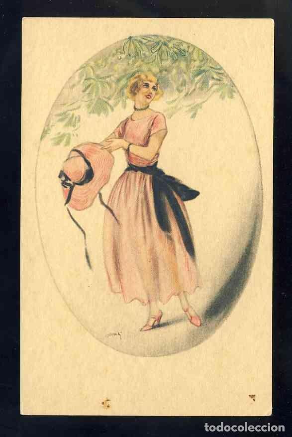 Postales: Postal ilustrada: Mujer con sombrero - Foto 1