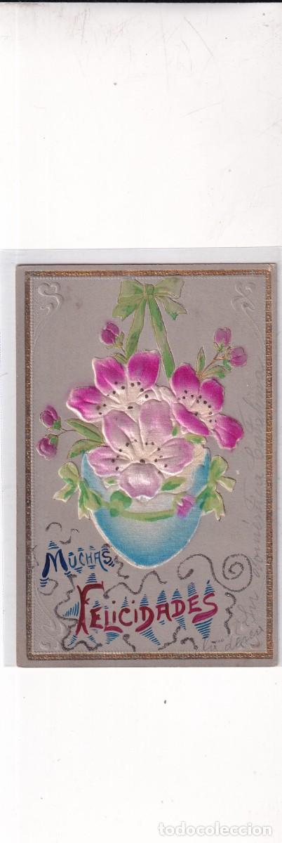 Postales: Postal con relieve flores. Muchas felicidades. Sin circular.