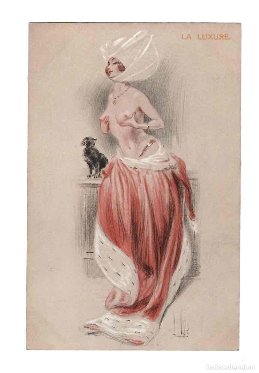 Postales: TARJETA POSTAL EROTICA ILUSTRADA POR LOUIS VALLET. LA LUXURE. LA LUJURIA. C.1910
