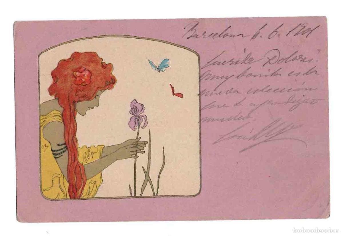 Postales: TARJETA POSTAL MODERNISTA COLOREADA A MANO CIRCULADA A BARCELONA A&Ntilde;O 1901