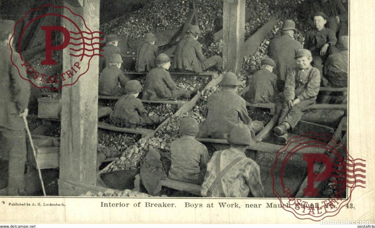 Postais: PHILADELPHIA MAUCH CHUNK BOYS AT WORK INTERIOR OF BREAKER MINES USA METIER MINING MINA MINE