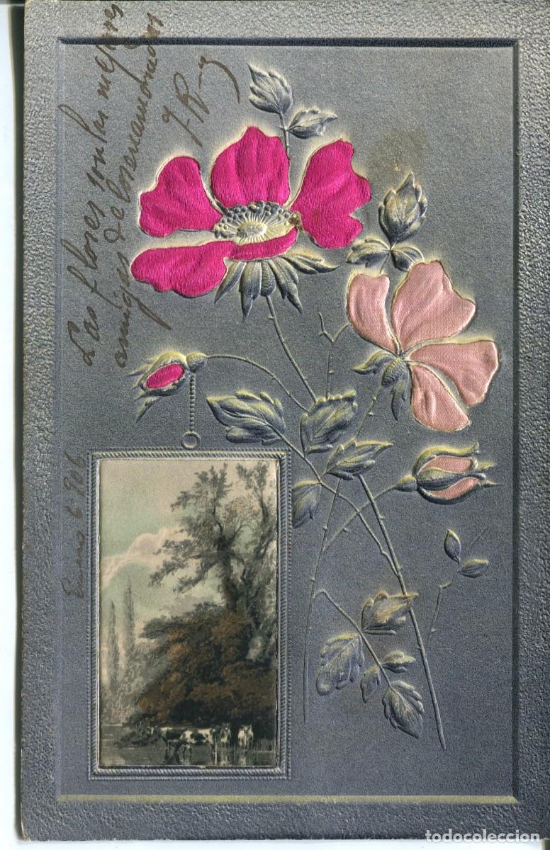 Postales: MODERNISTA.PAISAJE Y FLORES EN TELA DE SEDA- A&Ntilde;O 1906- MUY RARA