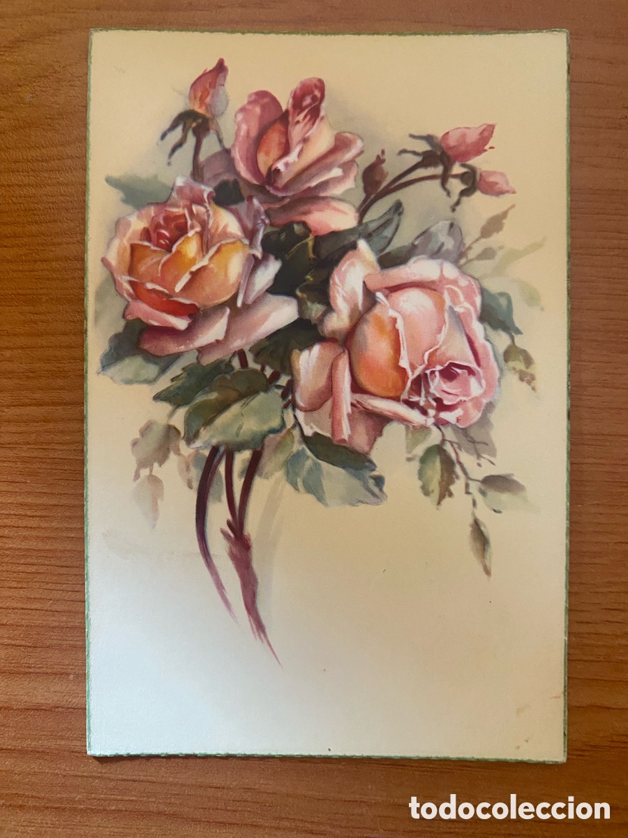 Postales: Postal art&iacute;stica - Rosa rosa sobre fondo amarillo - C.Y.Z. 570/A N&ordm;1 - Sin circular